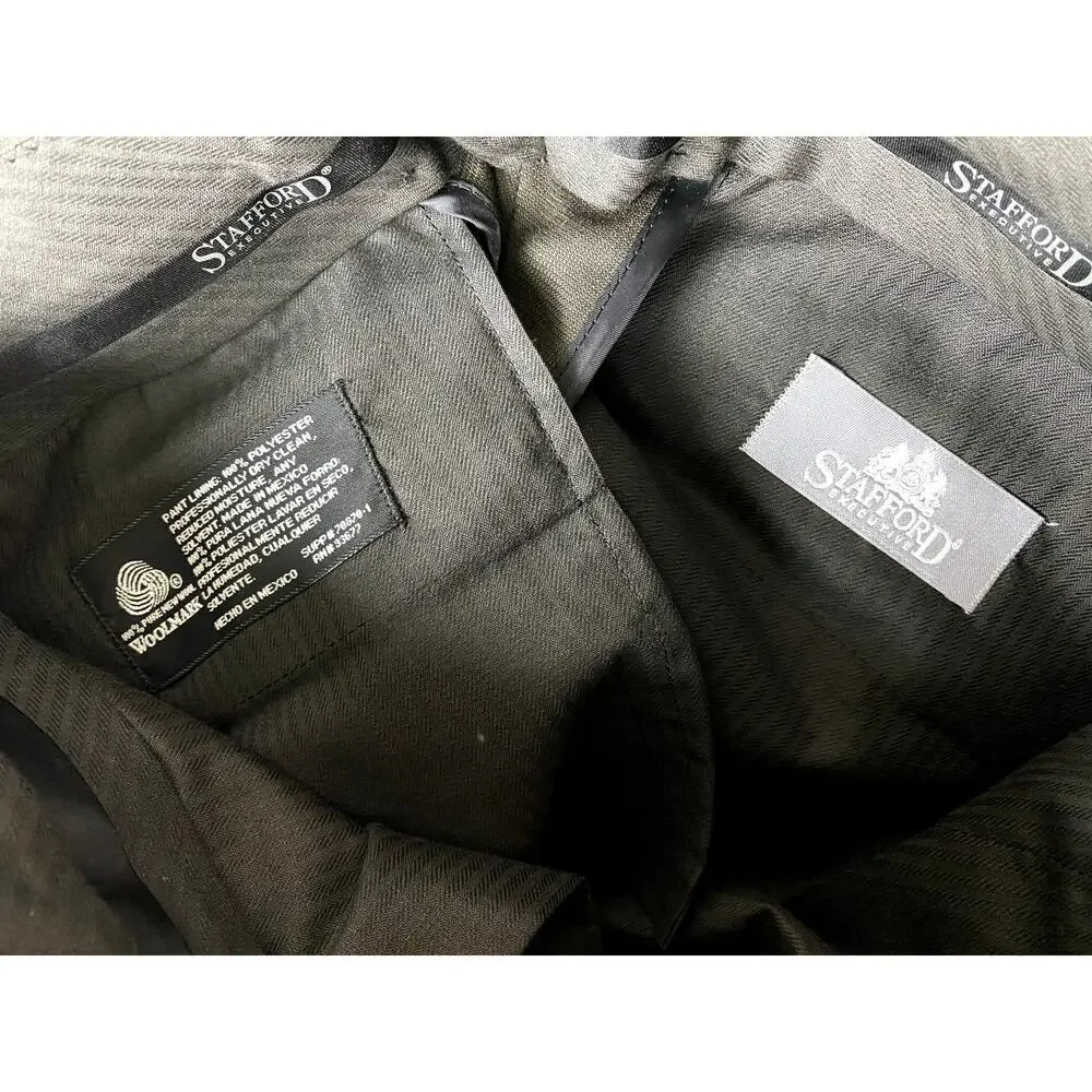Stafford Mens Olive Green Wool Suit Set 2PC Jacket Pants 38R 29x29 Vintage